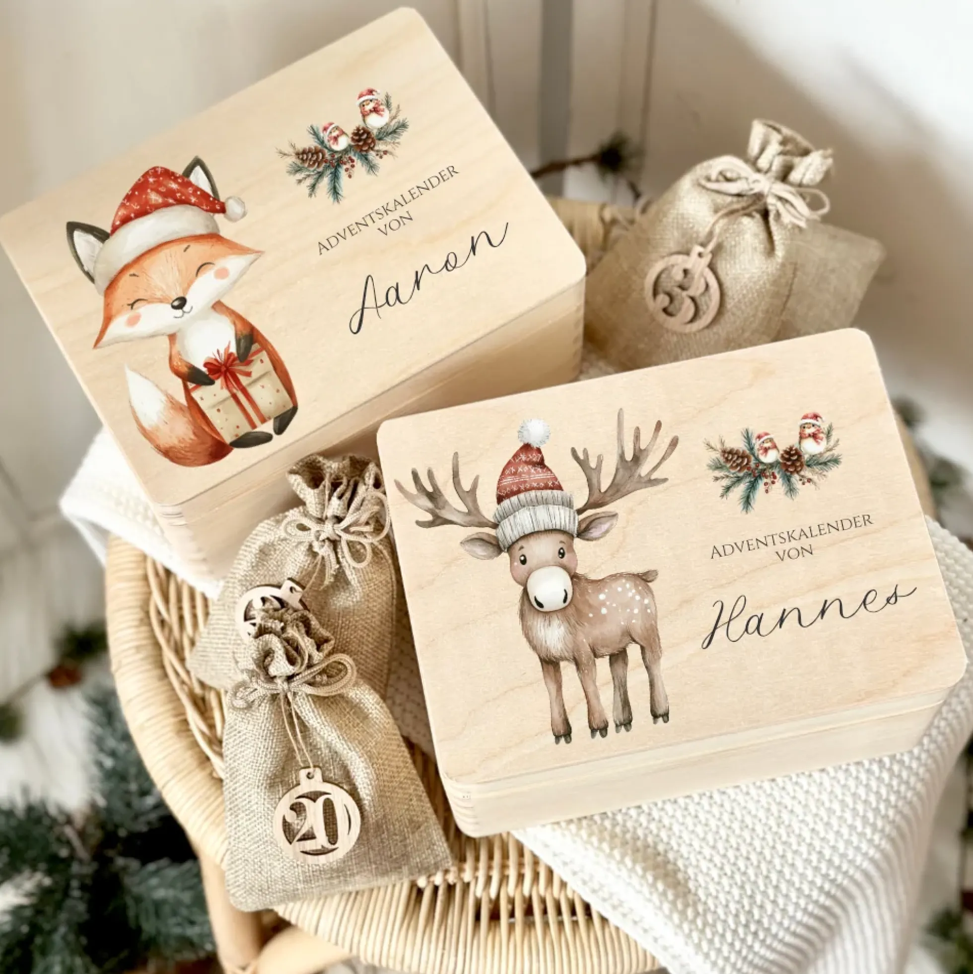 Personalisierter Adventskalender zum Befüllen, Adventskiste mit Fuchs und Rentier zum Auswählen