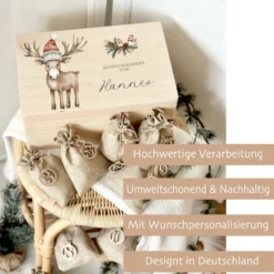 Personalisierter Adventskalender zum Befüllen, Adventskiste mit Fuchs und Rentier zum Auswählen