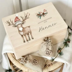 Personalisierter Adventskalender zum Befüllen, Adventskiste mit Fuchs und Rentier zum Auswählen