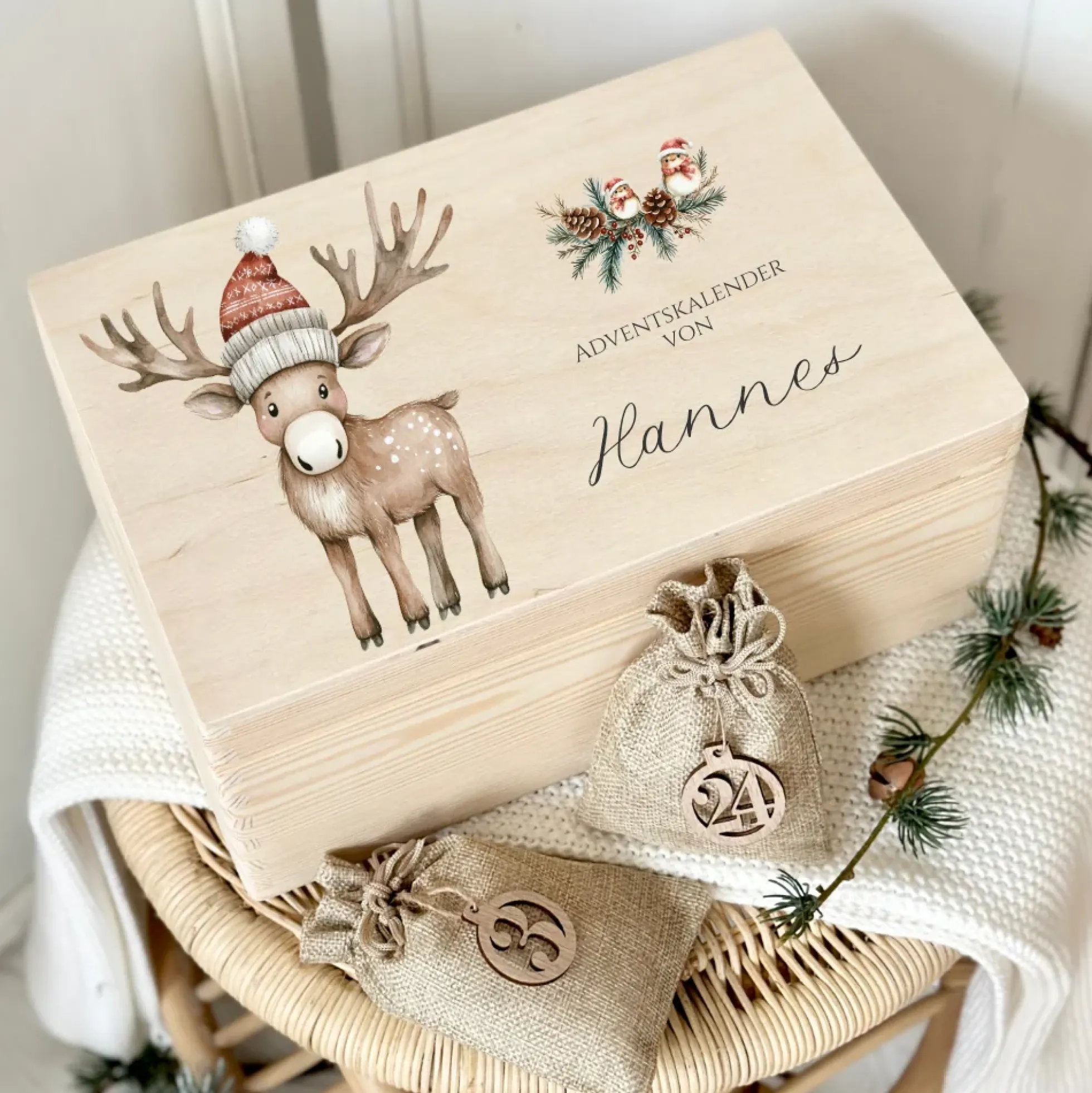 Personalisierter Adventskalender zum Befüllen, Adventskiste mit Fuchs und Rentier zum Auswählen