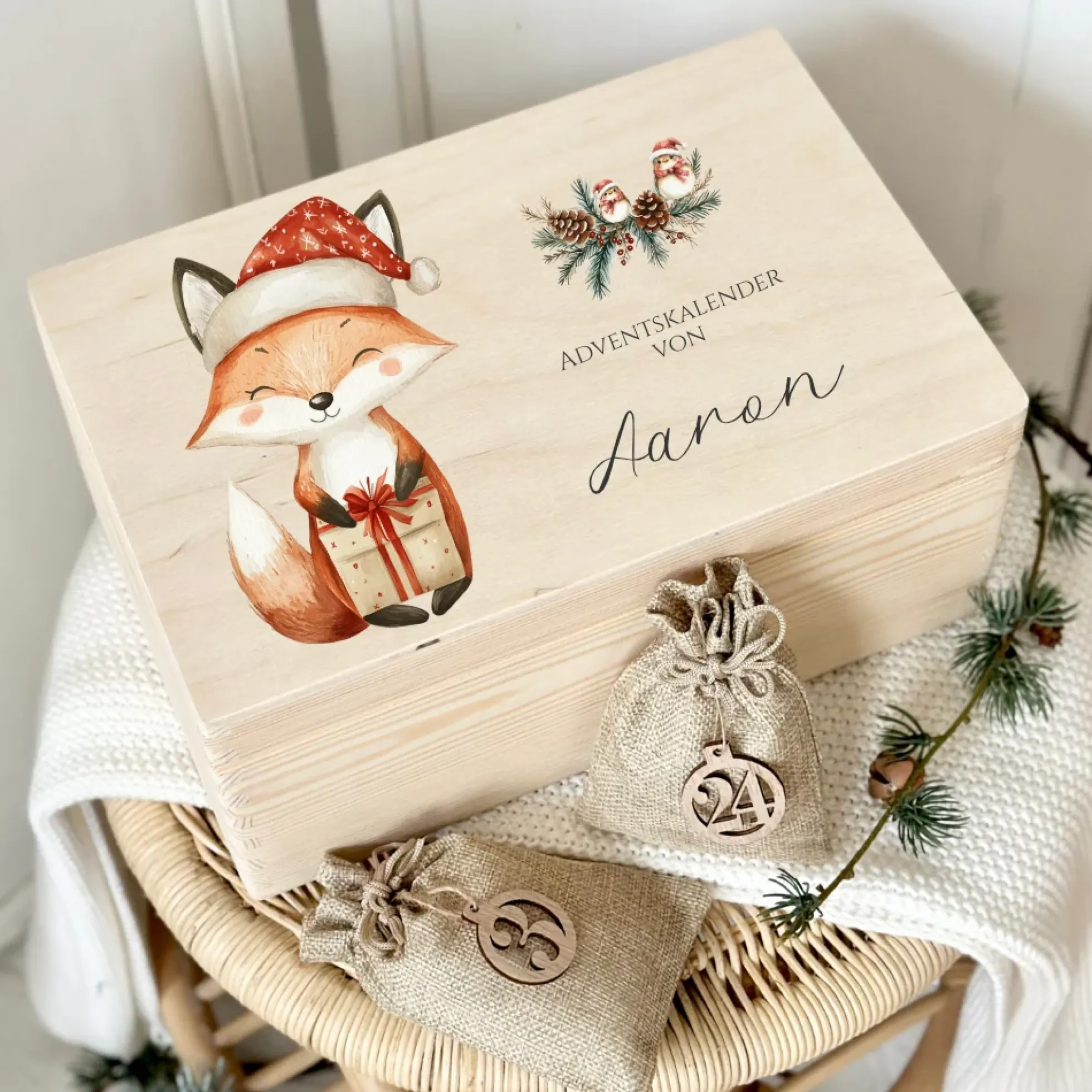 Personalisierter Adventskalender zum Befüllen, Adventskiste mit Fuchs und Rentier zum Auswählen