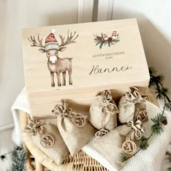 Personalisierter Adventskalender zum Befüllen, Adventskiste mit Fuchs und Rentier zum Auswählen
