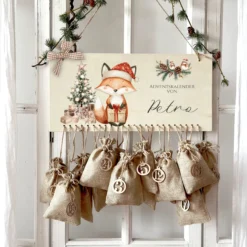 Personalisierter Adventskalender mit Namen zum Befüllen Kinder Adventskalender Holz Kinderadventskalender Fuchs Advent Jutesäckchen