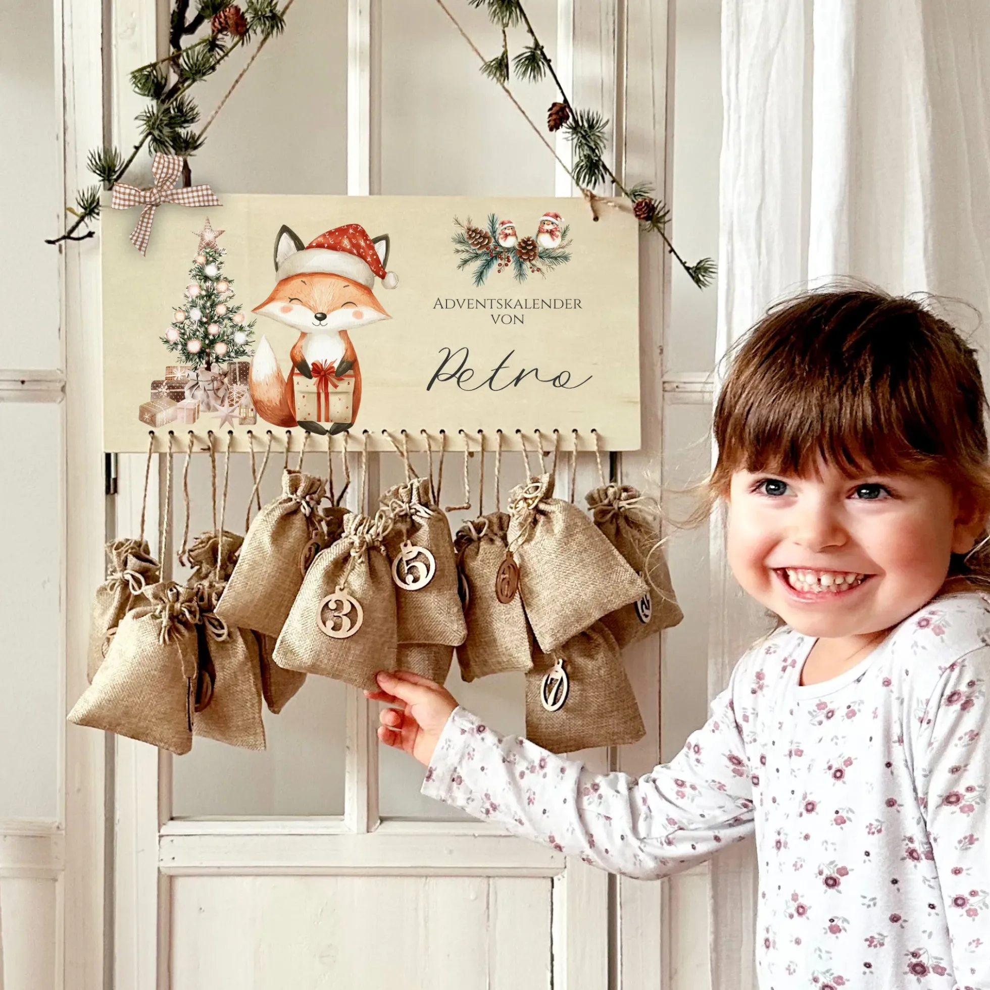 Personalisierter Adventskalender mit Namen zum Befüllen Kinder Adventskalender Holz Kinderadventskalender Fuchs Advent Jutesäckchen