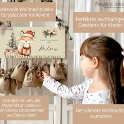 Personalisierter Adventskalender mit Namen zum Befüllen Kinder Adventskalender Holz Kinderadventskalender Fuchs Advent Jutesäckchen
