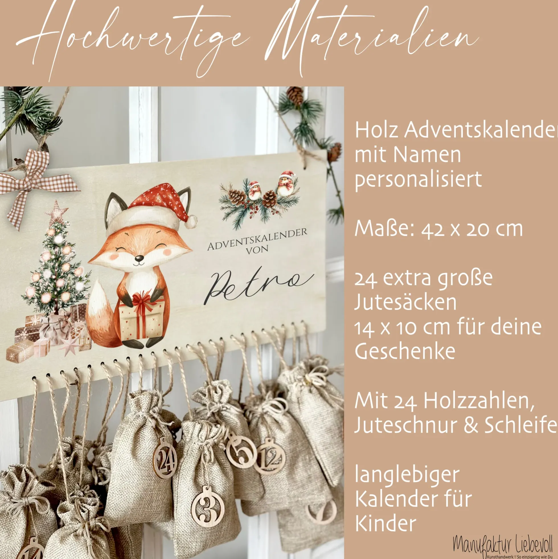 Personalisierter Adventskalender mit Namen zum Befüllen Kinder Adventskalender Holz Kinderadventskalender Fuchs Advent Jutesäckchen