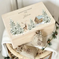 Personalisierter Adventskalender zum Befüllen, Adventskiste mit Winterlandschaft