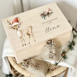 Personalisierter Adventskalender zum Befüllen, Personalisierte Adventskiste für Kinder, Motive: Reh & Schneemann zum Auswählen