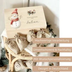Personalisierter Adventskalender zum Befüllen, Personalisierte Adventskiste für Kinder, Motive: Reh & Schneemann zum Auswählen