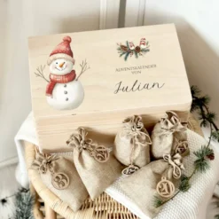 Personalisierter Adventskalender zum Befüllen, Personalisierte Adventskiste für Kinder, Motive: Reh & Schneemann zum Auswählen