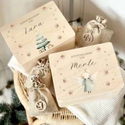 Personalisierter Adventskalender zum Befüllen, Adventskiste mit Tannenbaum und Engel zum Auswählen
