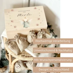 Personalisierter Adventskalender zum Befüllen, Adventskiste mit Tannenbaum und Engel zum Auswählen