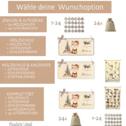 Personalisierter Adventskalender "Fuchs" mit Namen für Kinder Holzschild Zahlen & Jutesäckchen Adventskalender Befüllen für Mädchen Jungen