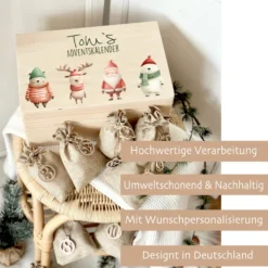 Personalisierter Adventskalender zum Befüllen, Adventskiste mit weihnachtlichen Figuren zum Auswählen