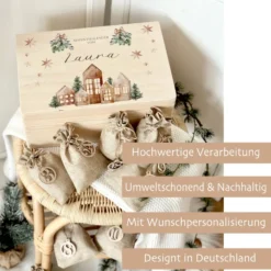 Personalisierter Adventskalender zum Befüllen, Adventskiste mit Weihnachtsdorf und Auto zum Auswählen