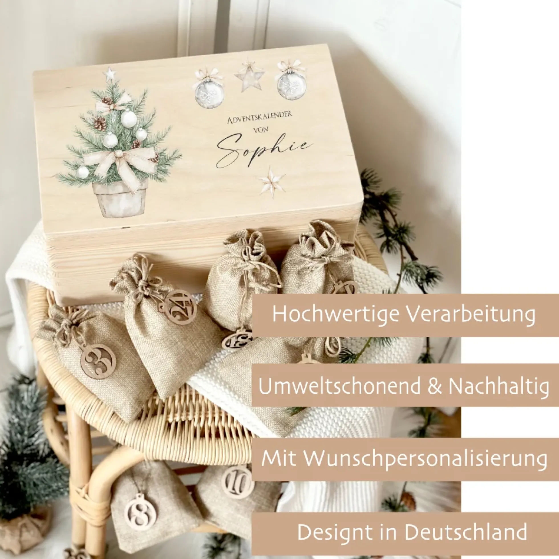 Personalisierter Adventskalender aus Holz mit Namen zum Befüllen, Motiv: Weihnachtsbaum