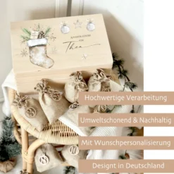 Personalisierter Adventskalender mit Namen und Nikolausstrumpf gestaltet, Adventskiste für Groß und Klein