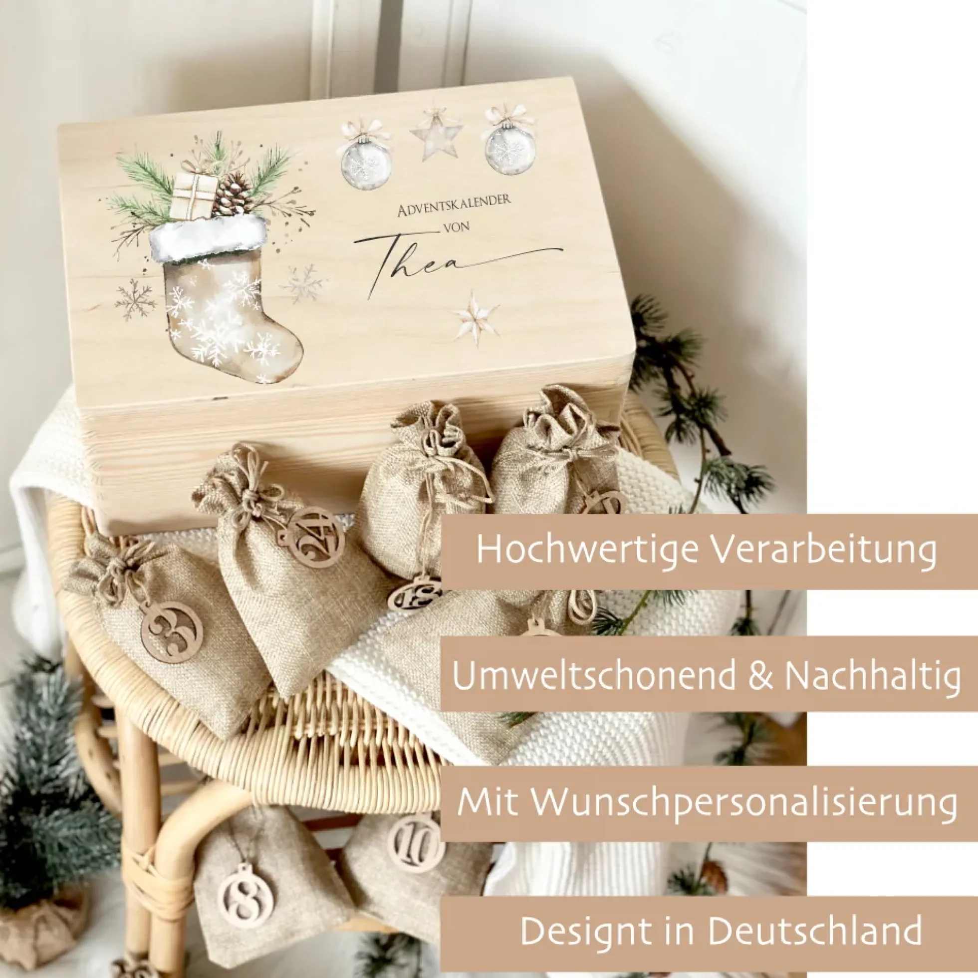 Personalisierter Adventskalender mit Namen und Nikolausstrumpf gestaltet, Adventskiste für Groß und Klein