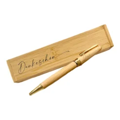 Personalisierter "Dankeschön" Kugelschreiber mit Namen und Etui aus Bambus als Dankeschöngeschenk