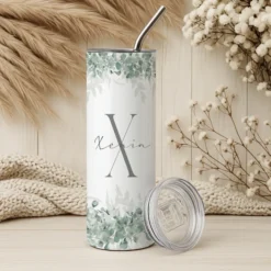 Personalisierter Edelstahl Thermobecher mit Namen & Initialen Eukalyptus Design Kaffeebecher to go mit Strohhalm Geschenk für Frauen Mädchen