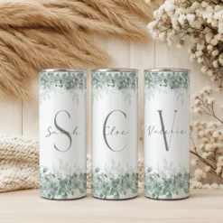 Personalisierter Edelstahl Thermobecher mit Namen & Initialen Eukalyptus Design Kaffeebecher to go mit Strohhalm Geschenk für Frauen Mädchen