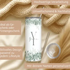 Personalisierter Edelstahl Thermobecher mit Namen & Initialen Eukalyptus Design Kaffeebecher to go mit Strohhalm Geschenk für Frauen Mädchen