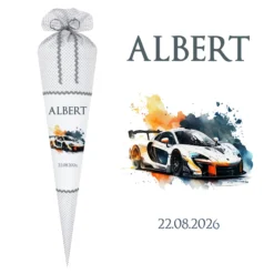 Personalisierte Rennauto Schultüte Stoff Zuckertüte mit Namen und Datum Einschulungstüte 70 cm | Optional mit Füllkissen und Spitzenschutz