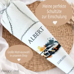 Personalisierte Rennauto Schultüte Stoff Zuckertüte mit Namen und Datum Einschulungstüte 70 cm | Optional mit Füllkissen und Spitzenschutz