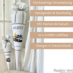 Personalisierte Rennauto Schultüte Stoff Zuckertüte mit Namen und Datum Einschulungstüte 70 cm | Optional mit Füllkissen und Spitzenschutz