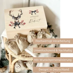 Personalisierter Hirsch Adventskalender aus Holz mit Namen zum Befüllen für Männer, Jungs, Teens