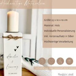 Personalisierter Holz Kerzenständer als Geschenkidee zur Hochzeit, Trauung, Vermählung, Hochzeitsgeschenk mit Namen u. Hochzeitsdatum
