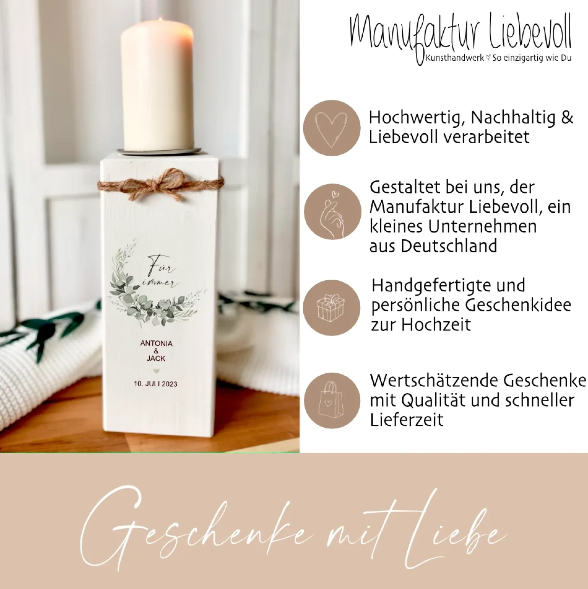 Personalisierter Kerzenständer „Für immer“ zu Hochzeit, Vermählung, Trauung | Hochzeitsgeschenk mit Namen u. Hochzeitsdatum