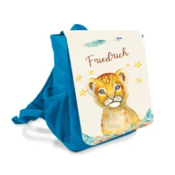 Personalisierter Kinderrucksack Löwe | blauer Tiermotiv Rucksack für Jungen | Kindergartenrucksack als tolles Geschenk für Kitakinder von 2-6 Jahre