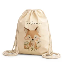 Personalisierter Kinder Turnbeutel mit Namen – Süße Waldtiere Motive im Boho-Stil – Robuster Rucksack in Canvas-Struktur für Kita & Schule