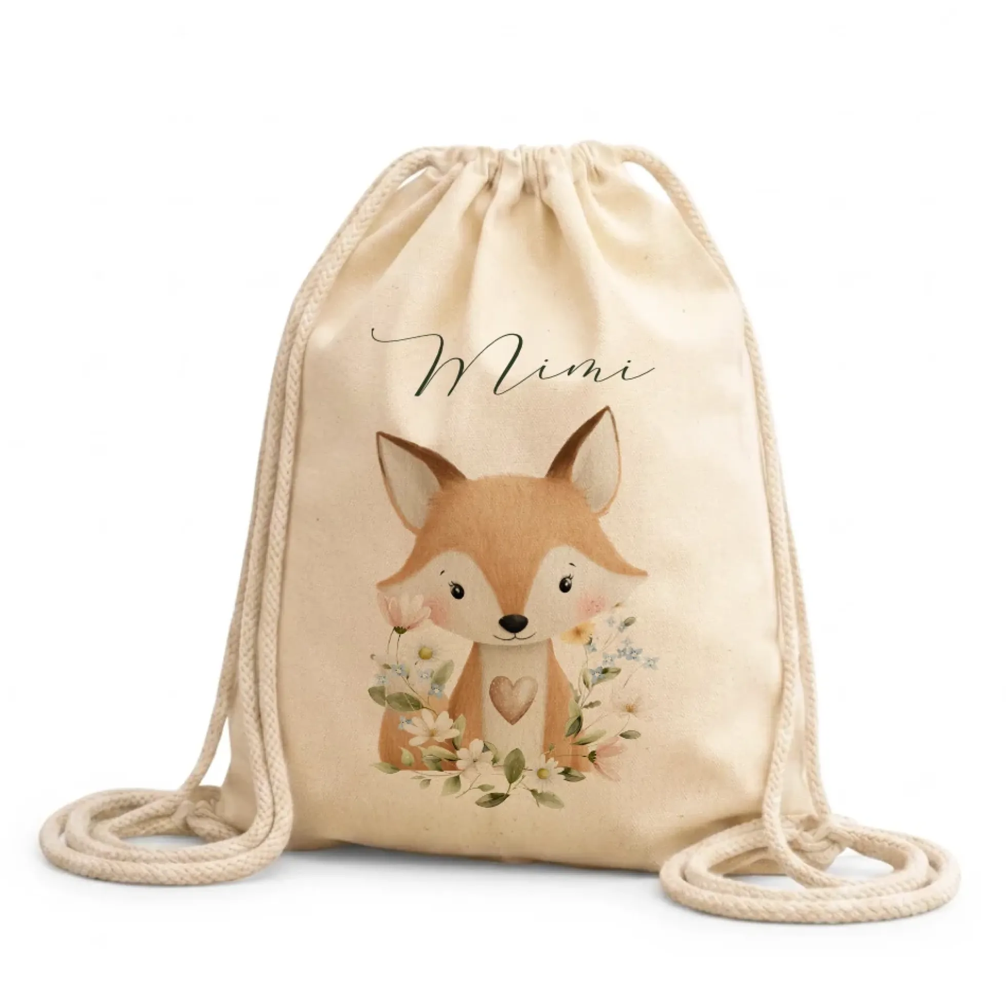 Personalisierter Kinder Turnbeutel mit Namen – Süße Waldtiere Motive im Boho-Stil – Robuster Rucksack in Canvas-Struktur für Kita & Schule