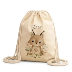 Personalisierter Kinder Turnbeutel mit Namen – Süße Waldtiere Motive im Boho-Stil – Robuster Rucksack in Canvas-Struktur für Kita & Schule