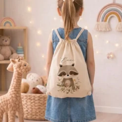 Personalisierter Kinder Turnbeutel mit Namen – Süße Waldtiere Motive im Boho-Stil – Robuster Rucksack in Canvas-Struktur für Kita & Schule