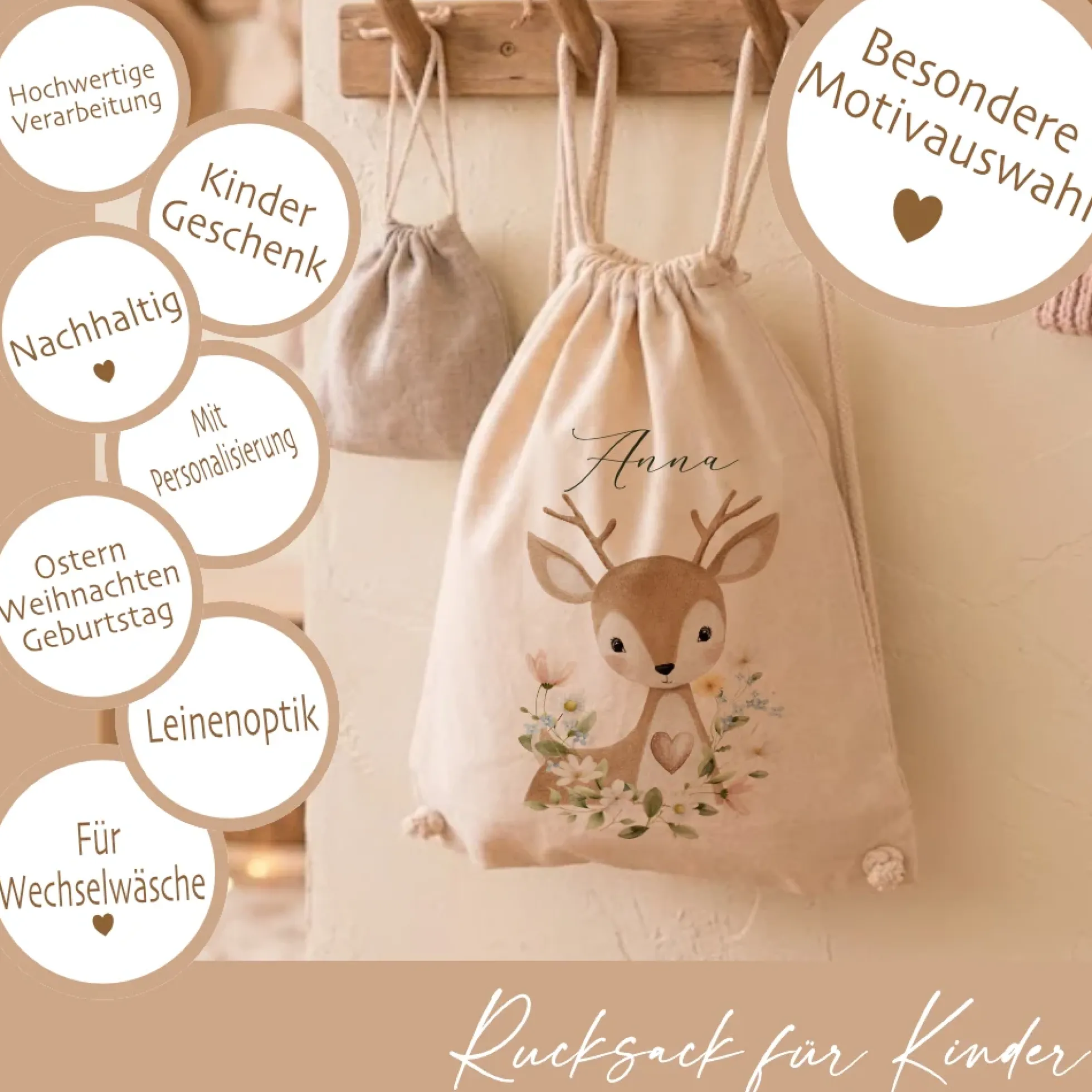 Personalisierter Kinder Turnbeutel mit Namen – Süße Waldtiere Motive im Boho-Stil – Robuster Rucksack in Canvas-Struktur für Kita & Schule