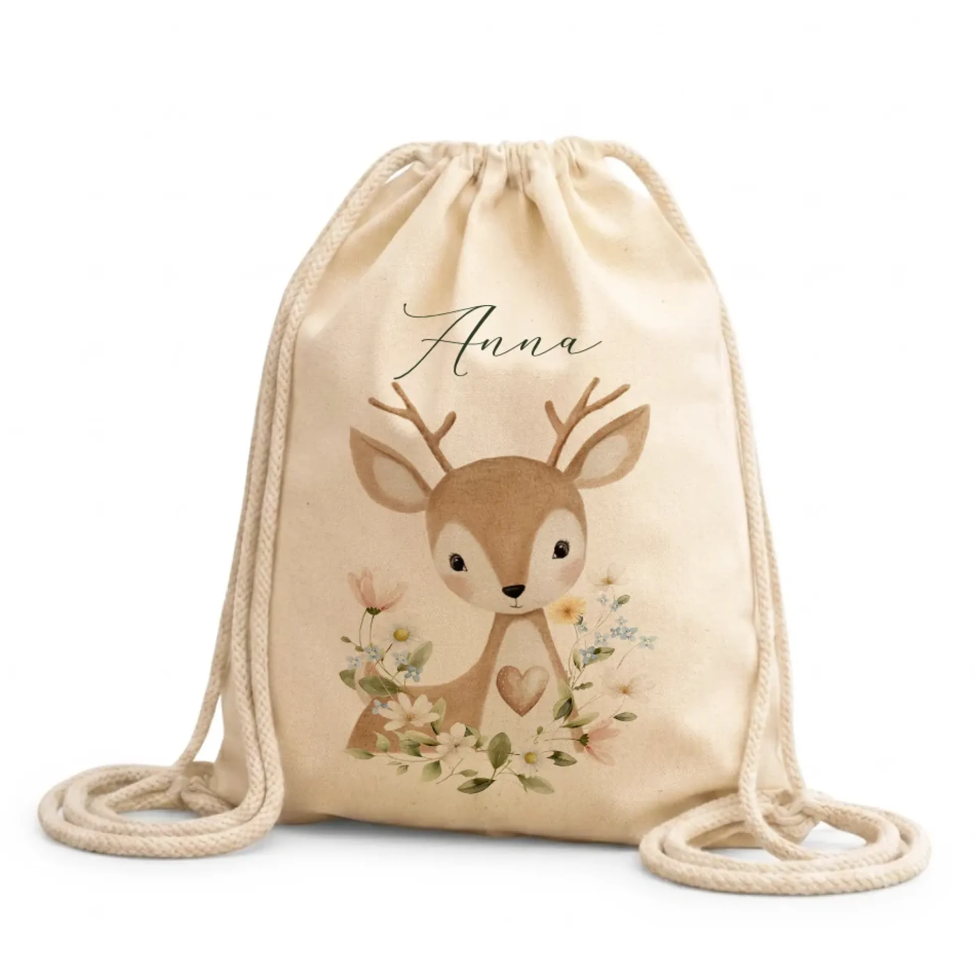 Personalisierter Kinder Turnbeutel mit Namen – Süße Waldtiere Motive im Boho-Stil – Robuster Rucksack in Canvas-Struktur für Kita & Schule