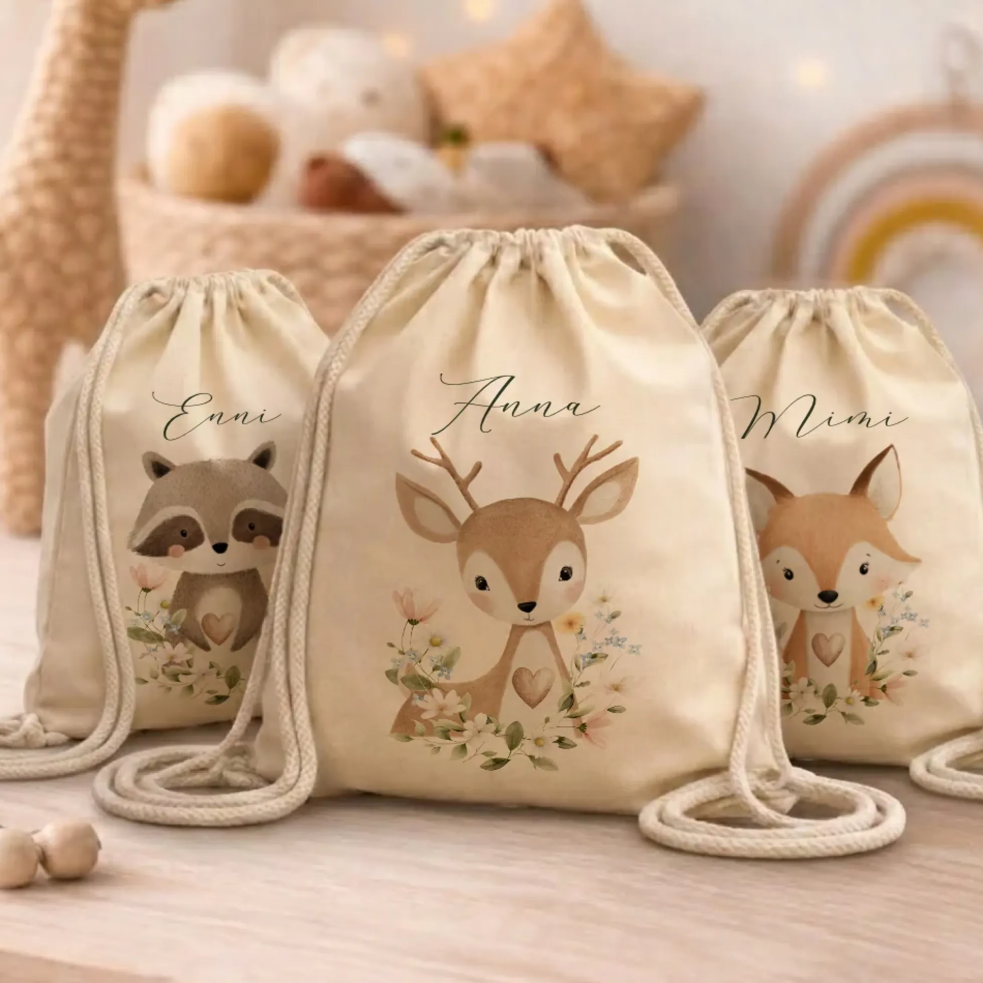 Personalisierter Kinder Turnbeutel mit Namen – Süße Waldtiere Motive im Boho-Stil – Robuster Rucksack in Canvas-Struktur für Kita & Schule
