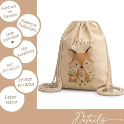 Personalisierter Kinder Turnbeutel mit Namen – Süße Waldtiere Motive im Boho-Stil – Robuster Rucksack in Canvas-Struktur für Kita & Schule