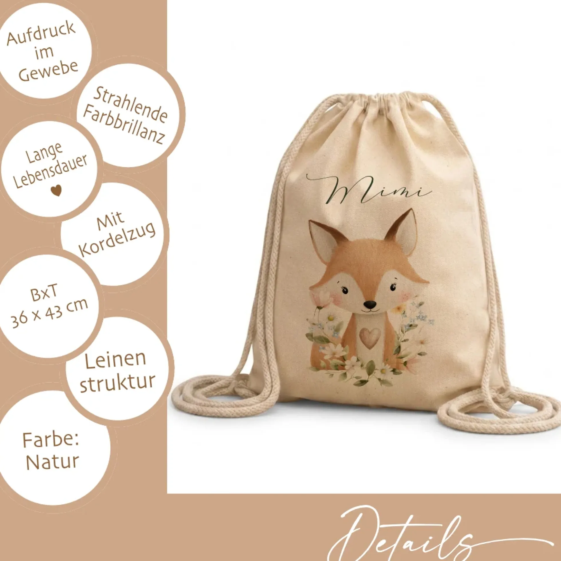 Personalisierter Kinder Turnbeutel mit Namen – Süße Waldtiere Motive im Boho-Stil – Robuster Rucksack in Canvas-Struktur für Kita & Schule