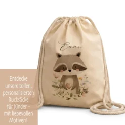 Personalisierter Kinder Turnbeutel mit Namen – Süße Waldtiere Motive im Boho-Stil – Robuster Rucksack in Canvas-Struktur für Kita & Schule