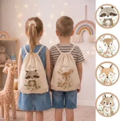 Personalisierter Kinder Turnbeutel mit Namen – Süße Waldtiere Motive im Boho-Stil – Robuster Rucksack in Canvas-Struktur für Kita & Schule