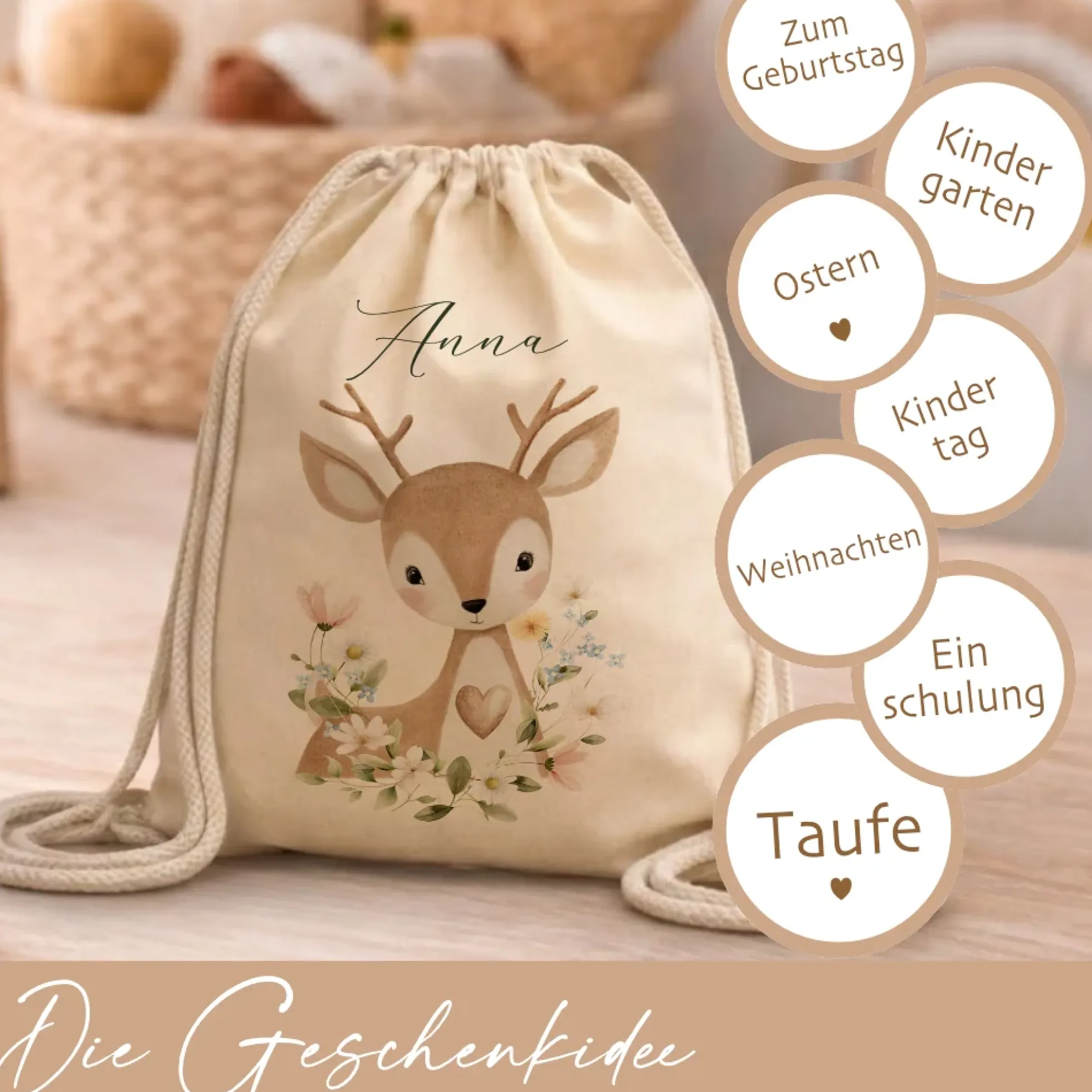 Personalisierter Kinder Turnbeutel mit Namen – Süße Waldtiere Motive im Boho-Stil – Robuster Rucksack in Canvas-Struktur für Kita & Schule