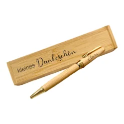 Personalisierter Kugelschreiber "kleines Dankeschön!" mit Wunschnamen und Etui aus Bambus