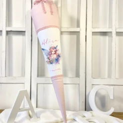 Personalisierte Rosa Fee Schultüte Stoff Mädchen Name Elfe Ballerina Blumen Boho Einschulungstüte Zuckertüte 70 cm | Optional mit Füllkissen und Spitzenschutz