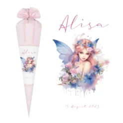 Personalisierte Rosa Fee Schultüte Stoff Mädchen Name Elfe Ballerina Blumen Boho Einschulungstüte Zuckertüte 70 cm | Optional mit Füllkissen und Spitzenschutz