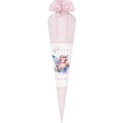 Personalisierte Rosa Fee Schultüte Stoff Mädchen Name Elfe Ballerina Blumen Boho Einschulungstüte Zuckertüte 70 cm | Optional mit Füllkissen und Spitzenschutz