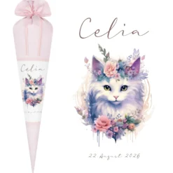 Personalisierte Rosa Stoff Schultüte Katze Mädchen Name Blumen Boho Vintage Einschulungstüte Zuckertüte 70 cm | Optional mit Füllkissen und Spitzenschutz